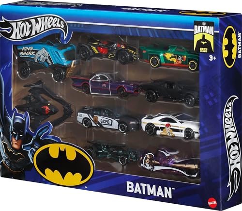 Hot Wheels Toy Cars, 10-Pack of Batman-Themed 1:64 Scale Die-Cast Vehicles, Popular Hero, Sidekick & Villain Castings from The Global Franchise, Ages 3+