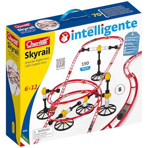 Quercetti Roller Coaster mini rail Set -150pc, 8 meters, Kids ages 6-12, Building Blocks for Marbles Game Maze Tracks , Red