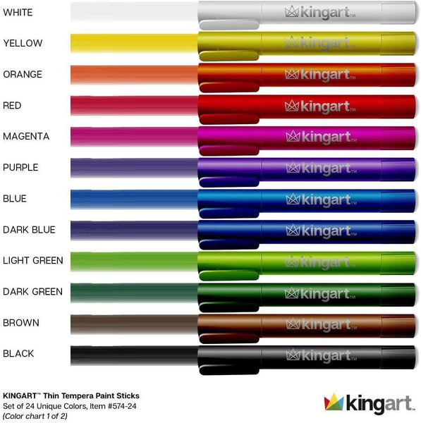 KINGART 574-24 TEMPERA PAINT Thin Sticks, Set of 24 Rich Colors, Solid Tempera Paint for Kids, Super Quick Drying, Non-Toxic, Work Great on Paper, Canvas, Wood, Glass and more