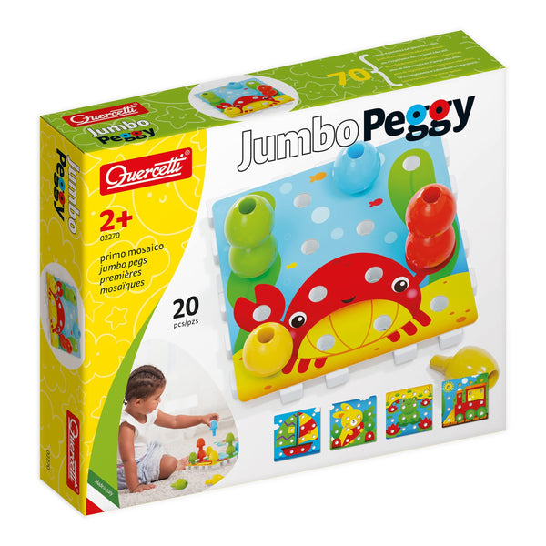 Quercetti Jumbo Peggy Small – Educational Stacking Peg Toy for Toddlers | 20-Piece Set with Illustrated Cards & Linking Boards | Fine Motor Skills & Color Recognition for Kids Age 2+