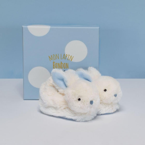 Doudou et Compagnie Blue Bunny Booties with Rattle – Baby Slippers Gift Set, Soft Bunny Design, 0-6 Months (DC1309)