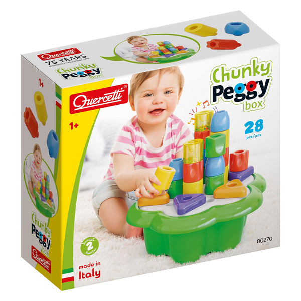 Quercetti Chunky Peggy 28-Piece Peg Blocks Stacking Toy – Jumbo Shape Sorting & Stacking Set for Babies & Toddlers 1+ with Built-in Daisy Basket Storage & 2 Rattles