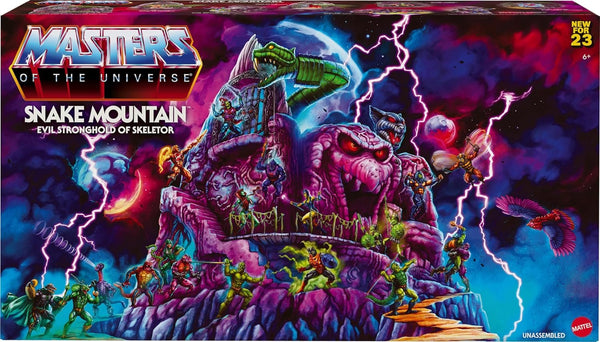 Masters of the Universe Origins Playset & 2 Action Fgures, Snake Mountain with Dungeon & Throne, Snake & Wolf Head