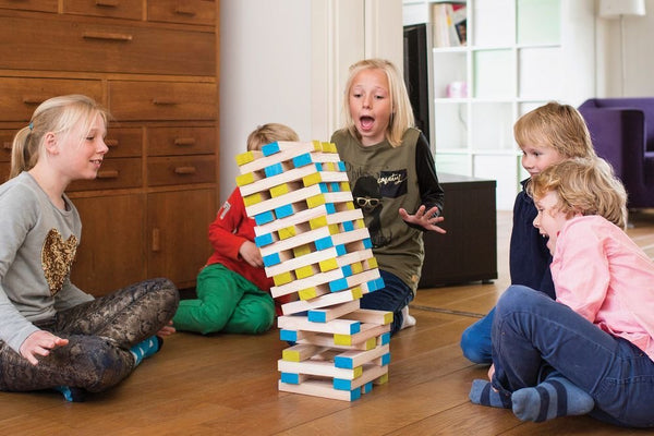 BS Toys Large Tower Wooden Block Stacking Game - Giant Paulownia Wood Blocks, Natural/Blue/Green, 60 Blocks + Color-Coded Die & Cotton Bag, Ages 4+ (GA277)