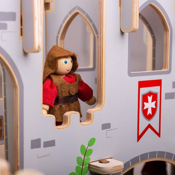 Bigjigs Toys King George’s Castle Wooden Toy – Slot-Together Medieval Castle Playset with Working Drawbridge, Doors & Balconies – Educational Fantasy Role Play Gift for Kids Age 3+