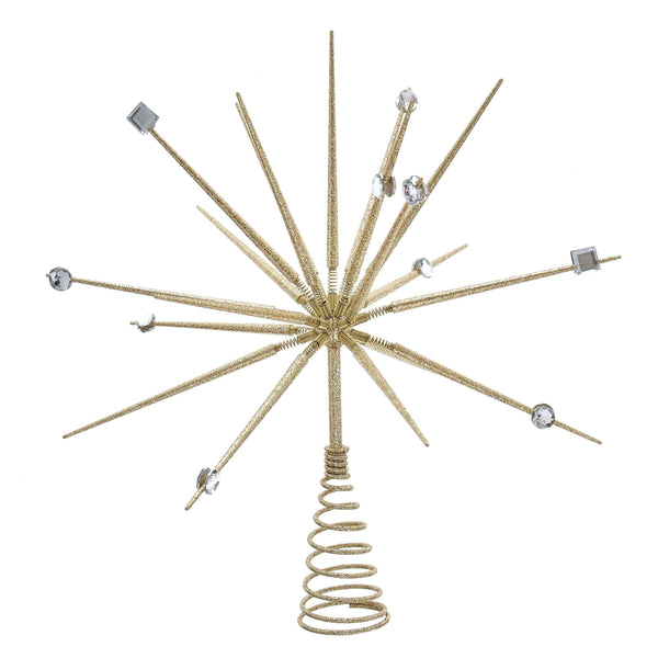 Kurt S. Adler 14.8″ Un-Lit Gold Thorn Spring Treetop - Gold Glittered Starburst Tree Topper with Coil Base, Silver & Clear Gem Accents - Christmas Tree Finishing Touch