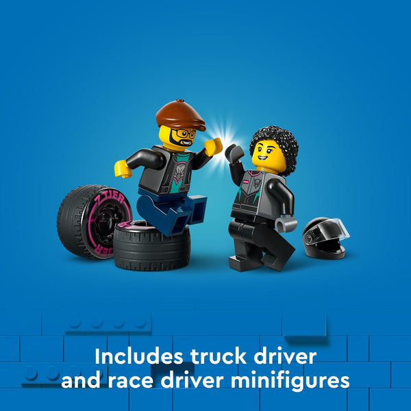 LEGO City Race Car and Car Carrier Truck Toy Playset, Vehicle Transporter with Adjustable Loading Ramp and Race Toy, Racer and Driver Minifigures, Fun Gift for Kids Ages 6 and Up, 60406