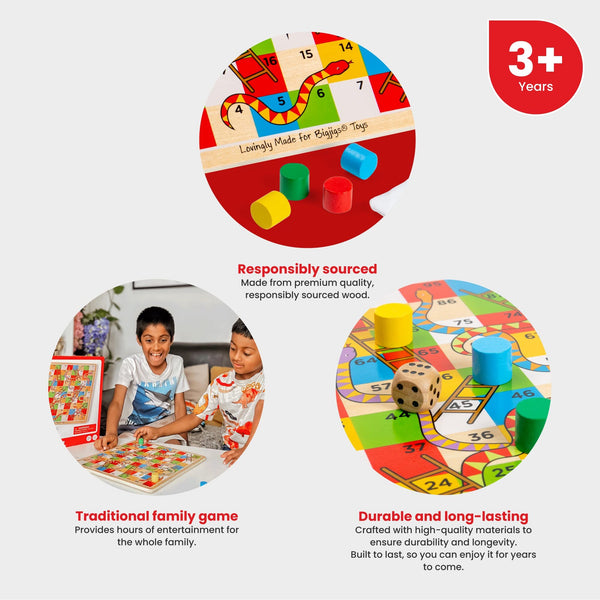 Bigjigs Toys Traditional Snakes and Ladders Wooden Game Set, Quality Family Game for Kids and Adults, 2-4 Players Ages 3+