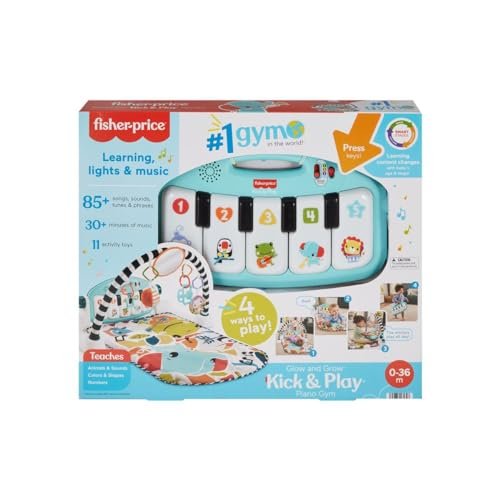 Fisher-Price Glow And Grow Kick & Play Piano Gym Baby Playmat With Musical Learning Toy, Blue