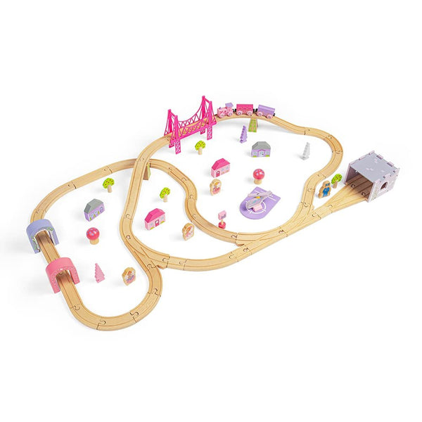 Bigjigs Rail Fairy Town Wooden Train Set – 75-Piece Pastel Wood Railway & Fairytale Village for Kids Age 3+ (Pink Accessories, Houses, Trees & Figures, Educational Gift)
