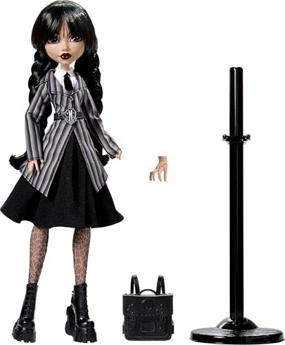 Monster High Wednesday Doll and Accessories, Wednesday Addams Collectible in Nevermore Academy Uniform with Thing and Backpack, Doll Stand