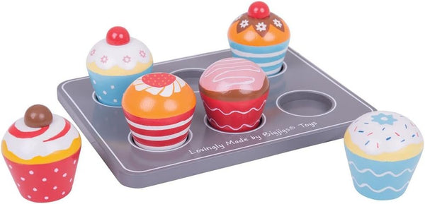 Bigjigs Toys Wooden Cupcakes Muffin Tray – 6 Colorful Wooden Muffins & Serving Tray – Pretend Play Food Set for Kids, Ages 3+