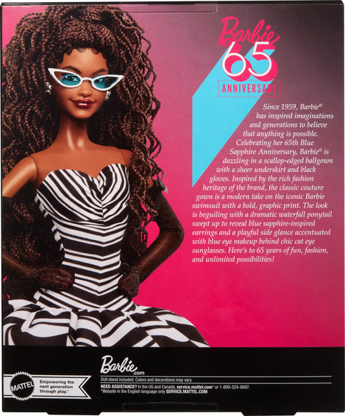 Barbie Signature Doll, 65th Anniversary Collectible with Brown Braided Hair, Black & White Gown, Sapphire Gem Earrings & Sunglasses