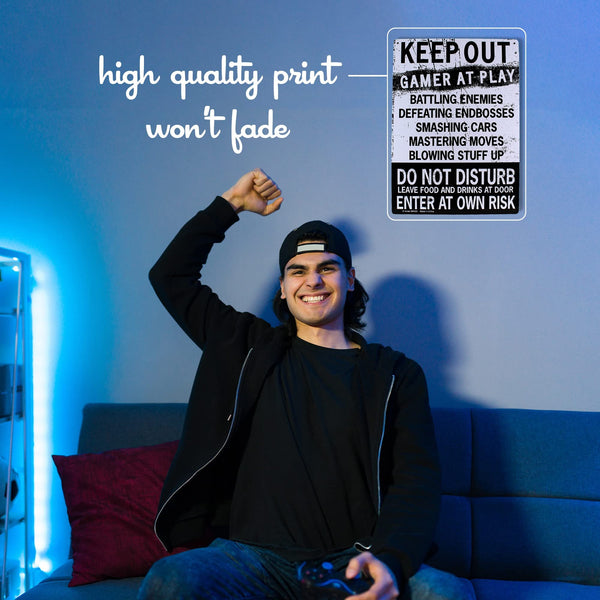Keep Out Gamer At Play Metal Sign - Easy-to-Hang Wall Decor - Fun Tin Signs for Man Cave - Metal Dorm Room Decorations, Garage Signs, and Man Cave Signs