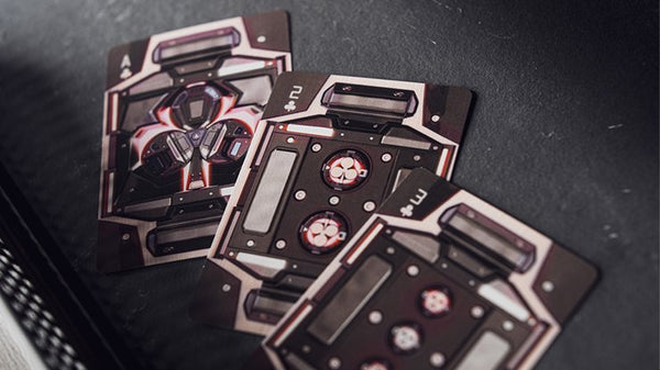 Bicycle Evolution 2.0 Playing Cards, Poker Size Custom Index, Cyber Metallic Red/White/Grey Back Design, Includes Gaff & Jokers, Premium USPCC Deck for Cardists, Magicians & Collectors