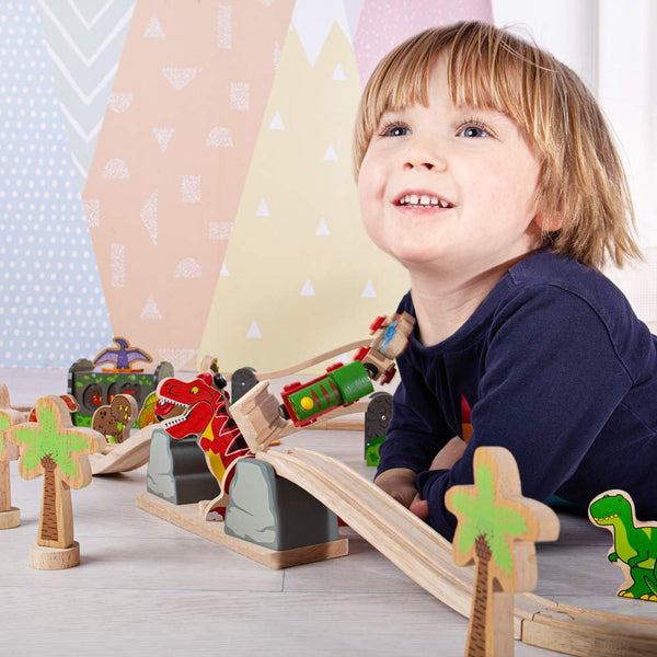 Bigjigs Rail, T-Rex Bursting Bridge, Wooden Toys, Dinosaur Toys, Bigjigs Train Accessories, Dinosaur Track, Wooden Train Sets, Trains for Kids, Bigjigs Trains
