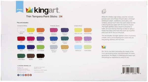 KINGART 574-24 TEMPERA PAINT Thin Sticks, Set of 24 Rich Colors, Solid Tempera Paint for Kids, Super Quick Drying, Non-Toxic, Work Great on Paper, Canvas, Wood, Glass and more